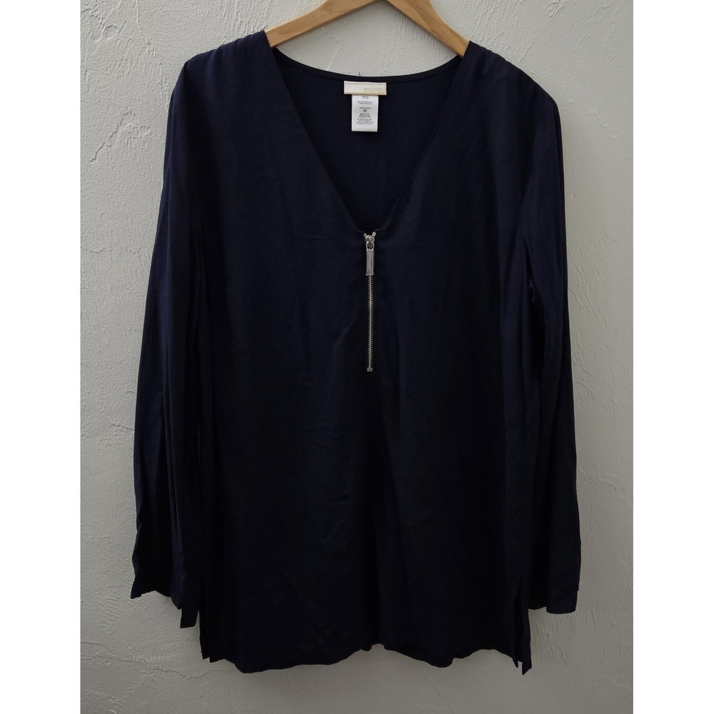Michael Kors Women's Navy Blouse Medium Long Sleeve Zipper Loose Fit 100% Rayon